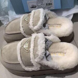 Prada Beige Suede Shearling Mules